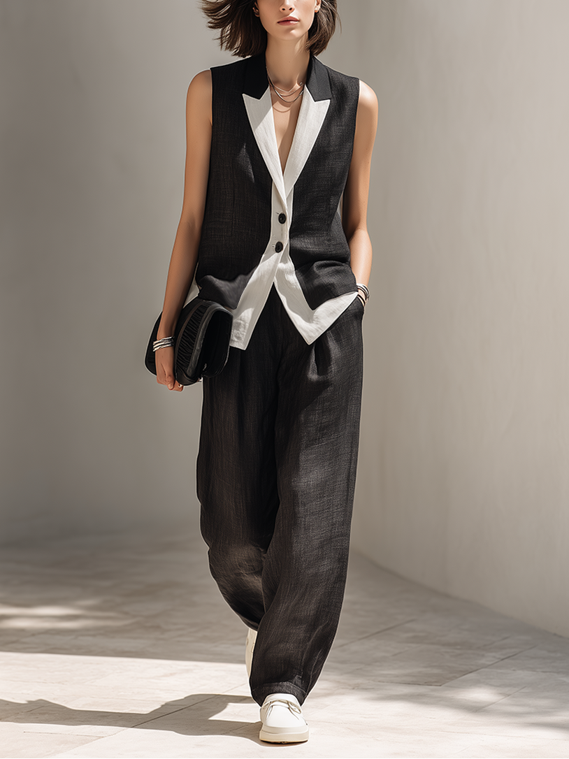 Fashionable women's black two-piece tailored set with an elegant vest & wide-leg trousers, great for formal or casual.