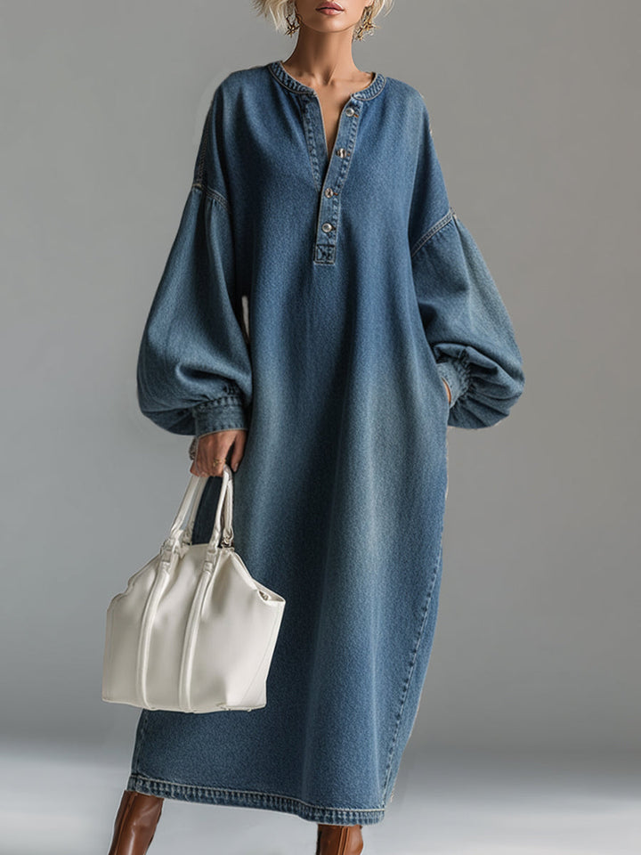 Elegant blue button-down maxi dress for women, perfect for urban day or evening wear.