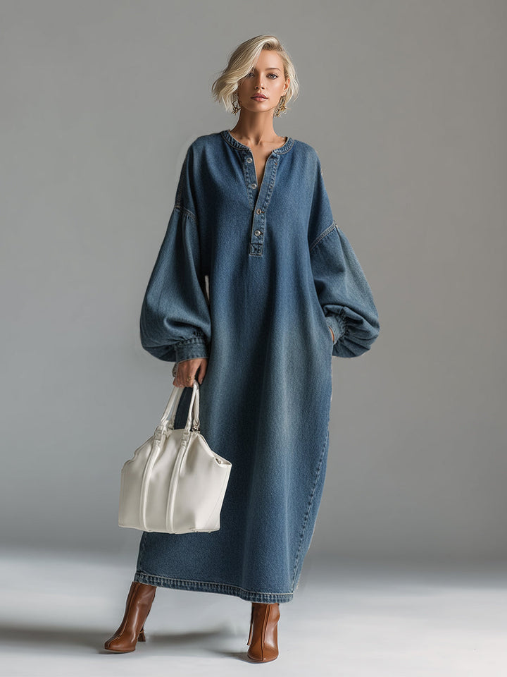 Women's long sleeve blue maxi dress, featuring a chic button-down design and versatile urban style.