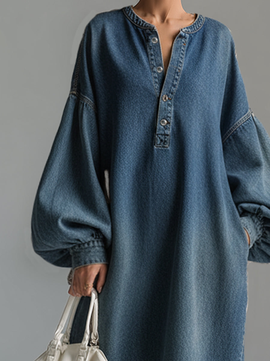 Comfortable and stylish women's blue button-down long sleeve maxi dress for elegant urban fashion.