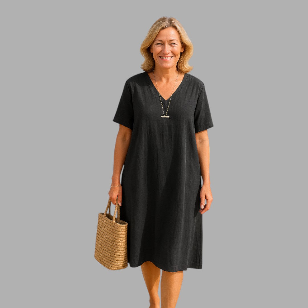 Modest khaki midi dress for women, comfortable elegant long dress for summer events.