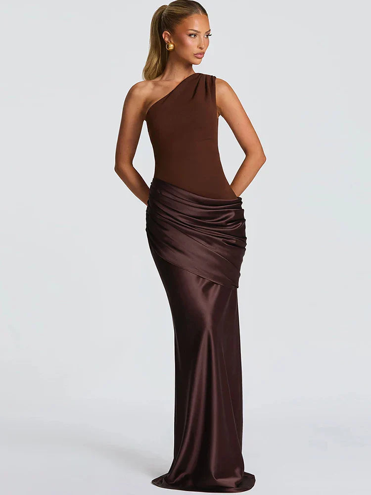Elegant brown one-shoulder maxi dress for women, perfect as a wedding guest or formal evening gown. Flowy, special occasion wear.