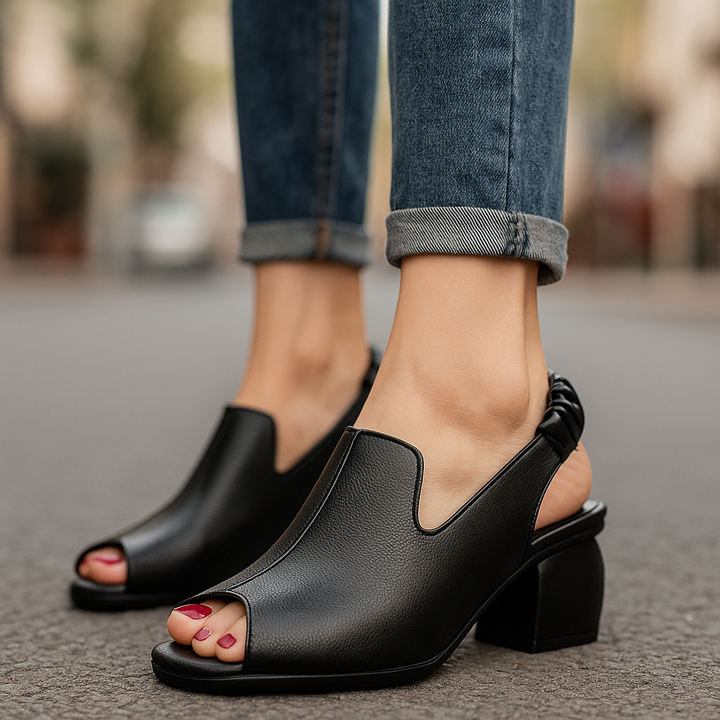 Fashionable brown slingback block heels, peep-toe design for dressy occasions