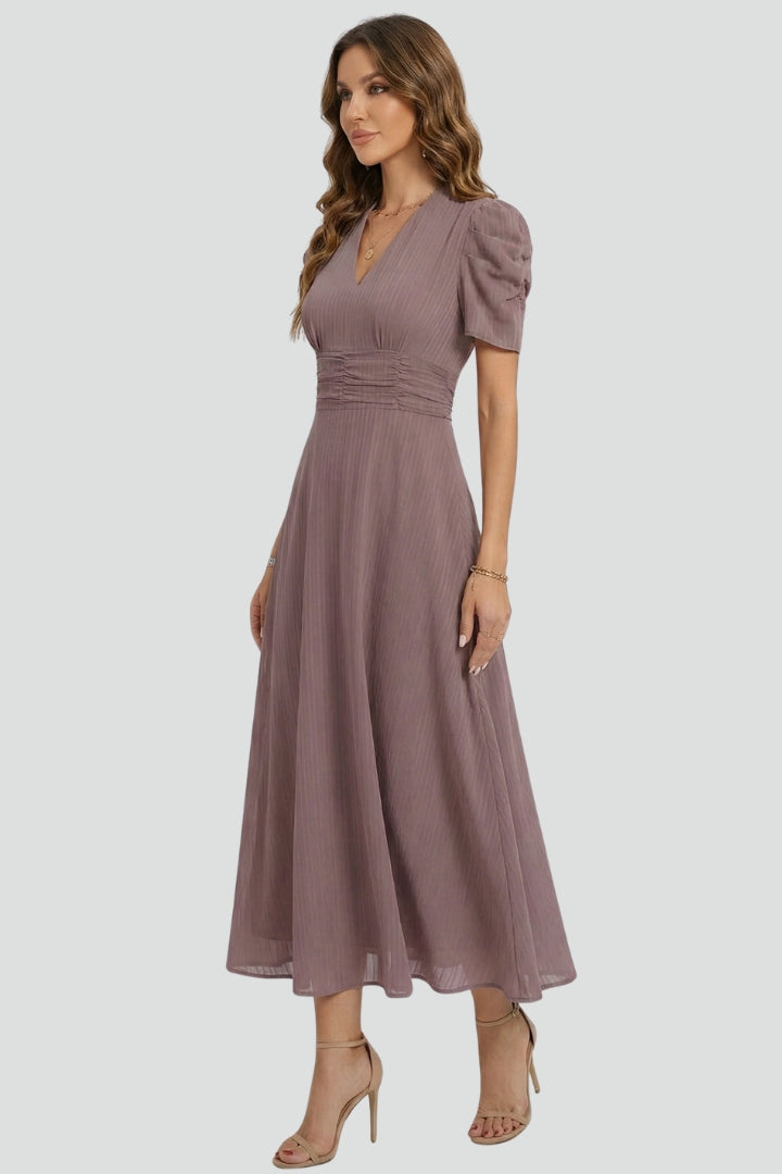 Versatile V-neck midi dress for women, with short sleeves, ruched waist, and a comfortable flared skirt.