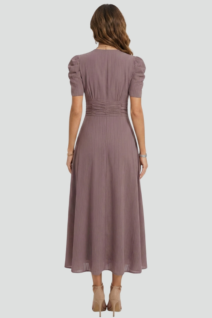 Classic women's short sleeve V-neck midi dress, perfect for casual or formal wear, with a ruched waist.