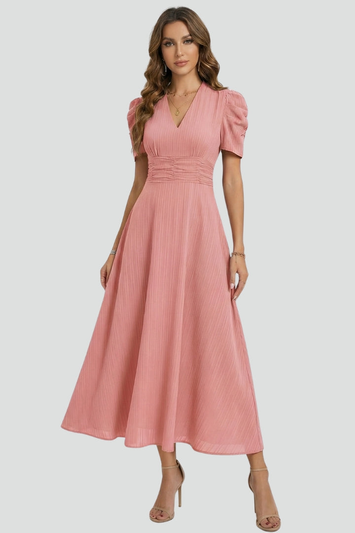 Women's elegant V-neck midi dress with short sleeves, a ruched waist, and a flared skirt, available in brown.