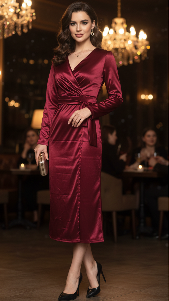 Elegant burgundy wrap midi dress for women, perfect for spring/summer evening events, formal wear.