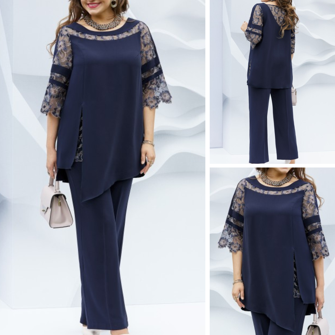 Elegant dark blue women's two-piece set, featuring a stylish blouse & flowing pants for spring & summer.