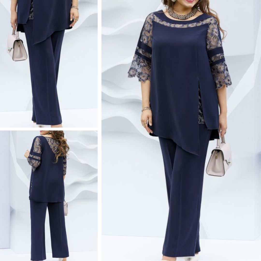 Chic dark blue women's two-piece set, a versatile outfit suitable for both formal events and casual wear.