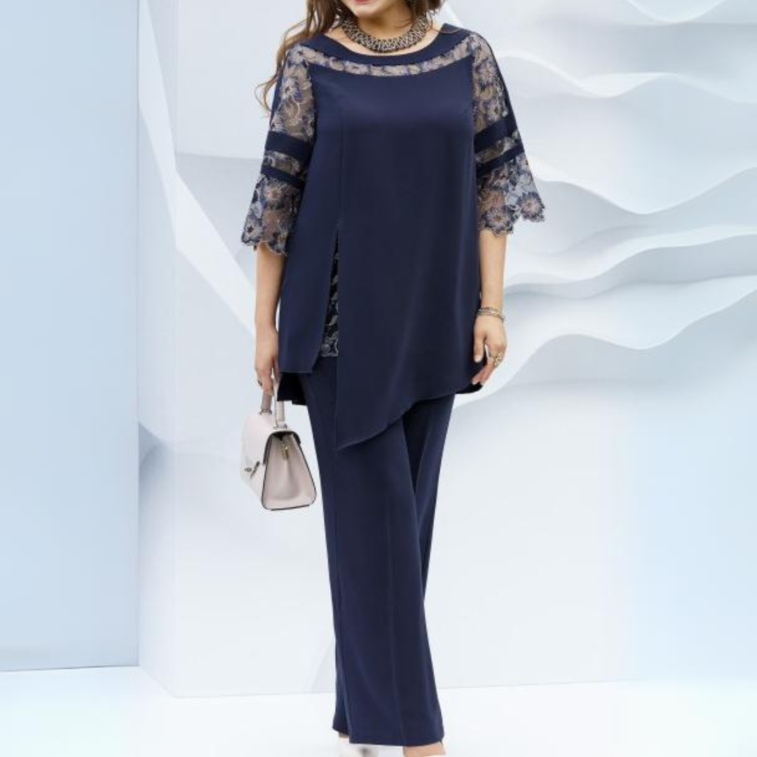Sophisticated dark blue women's two-piece blouse and pants set, perfect for elegant formal or casual chic style.