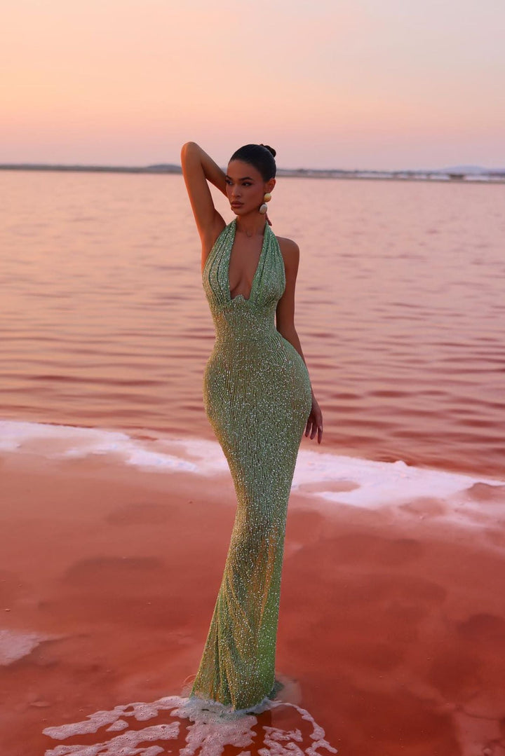 Elegant emerald maxi dress for women, a luxurious flowy design for chic fashion moments.