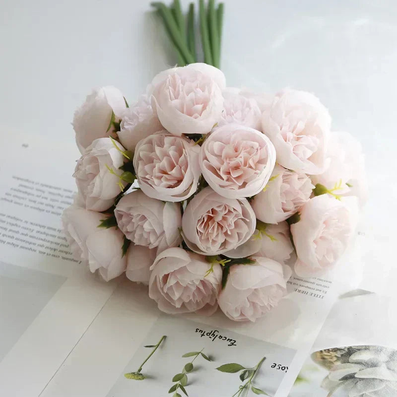 Realistic artificial peony bouquet, vibrant faux flowers for wedding tables & elegant home accents.