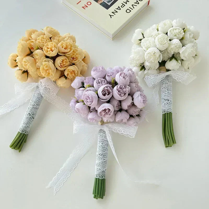 Chic champagne silk peony bouquet. Ideal artificial flowers for elegant wedding decor or home accents.