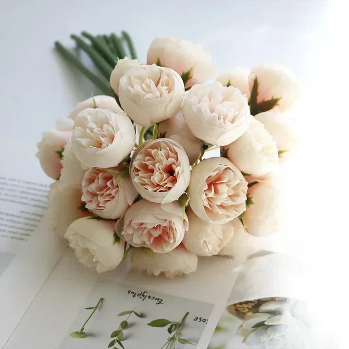 Lush faux peony bouquet, high-quality silk blooms providing realistic texture for decor projects.