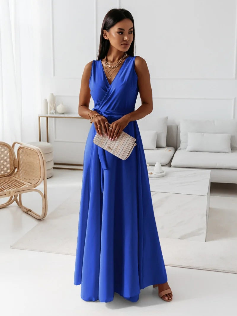 Full-length view of a model showcasing a beautiful faux wrap maxi dress, perfect for weddings.