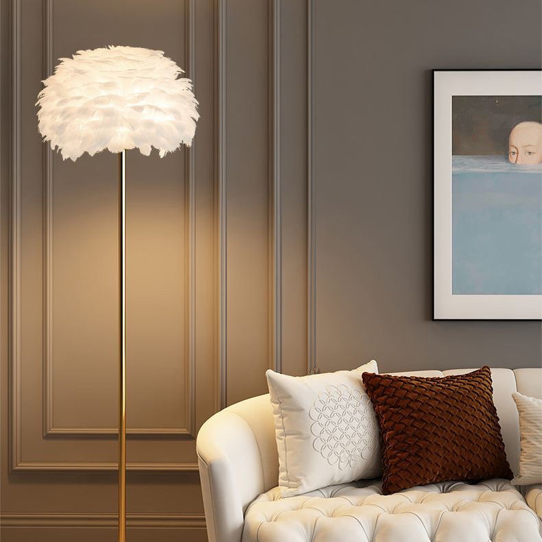 Elegant feather & crystal floor lamp, Nordic charm for living room decor.