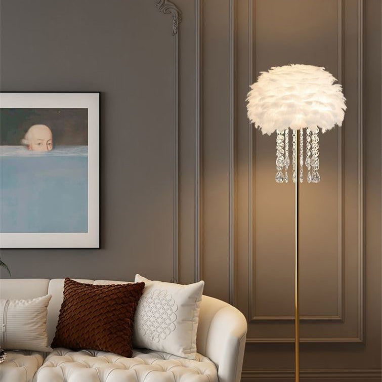 Unique Nordic style feather & crystal floor lamp, perfect home decor and elegant lighting.