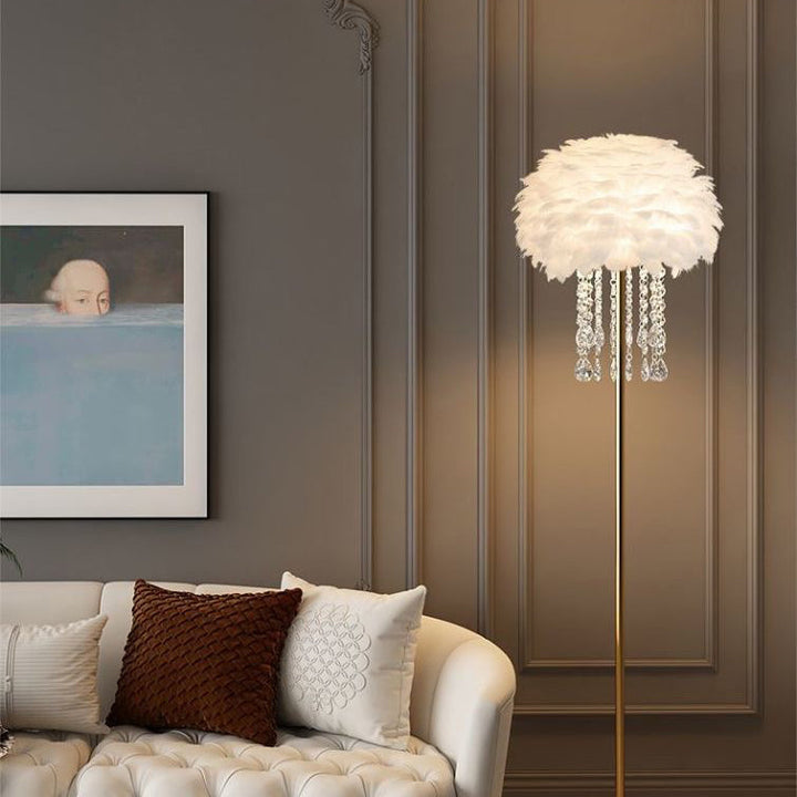 Unique Nordic style feather & crystal floor lamp, perfect home decor and elegant lighting.