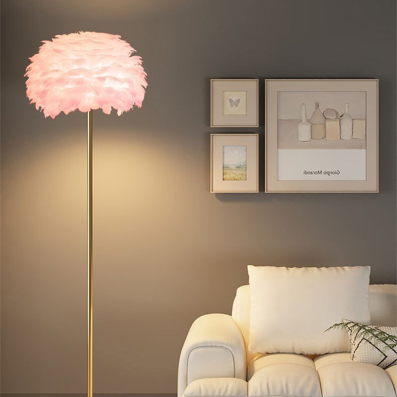 Nordic feather and crystal floor lamp, offering soft ambient light and unique aesthetic appeal.