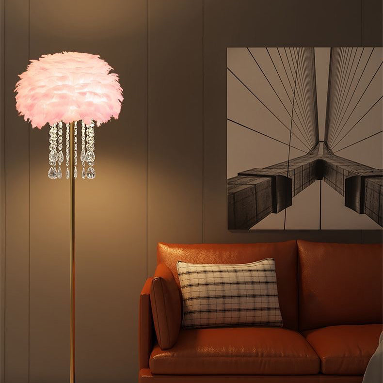 Stunning feather & crystal floor lamp, a sophisticated and elegant lighting solution for stylish spaces.