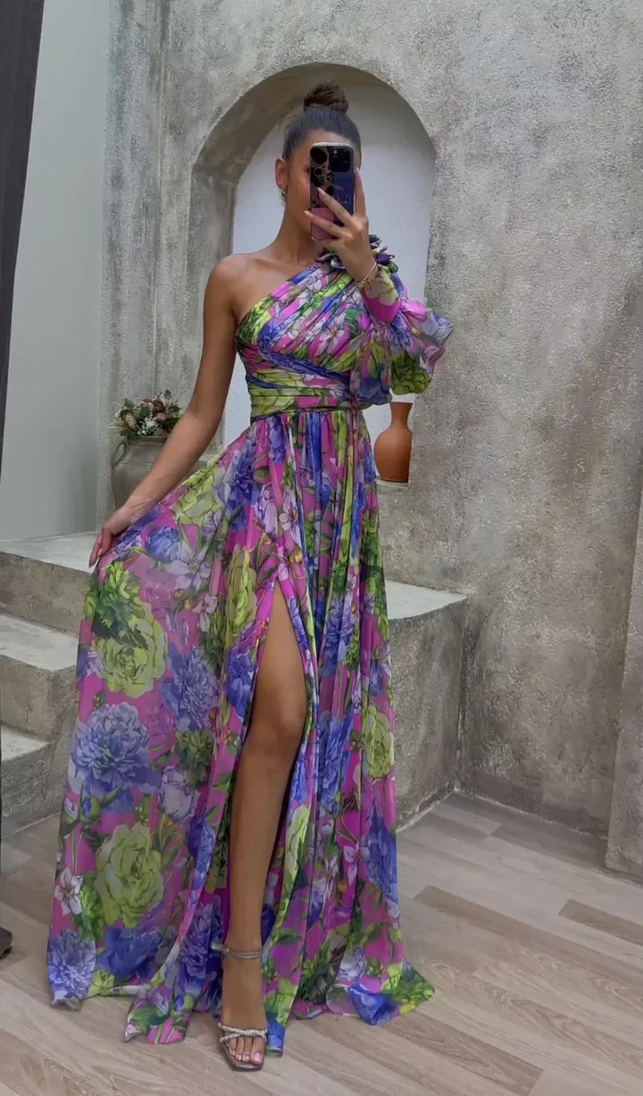 Elegant floral maxi dress for women, features a stylish slit, perfect for spring & summer occasions