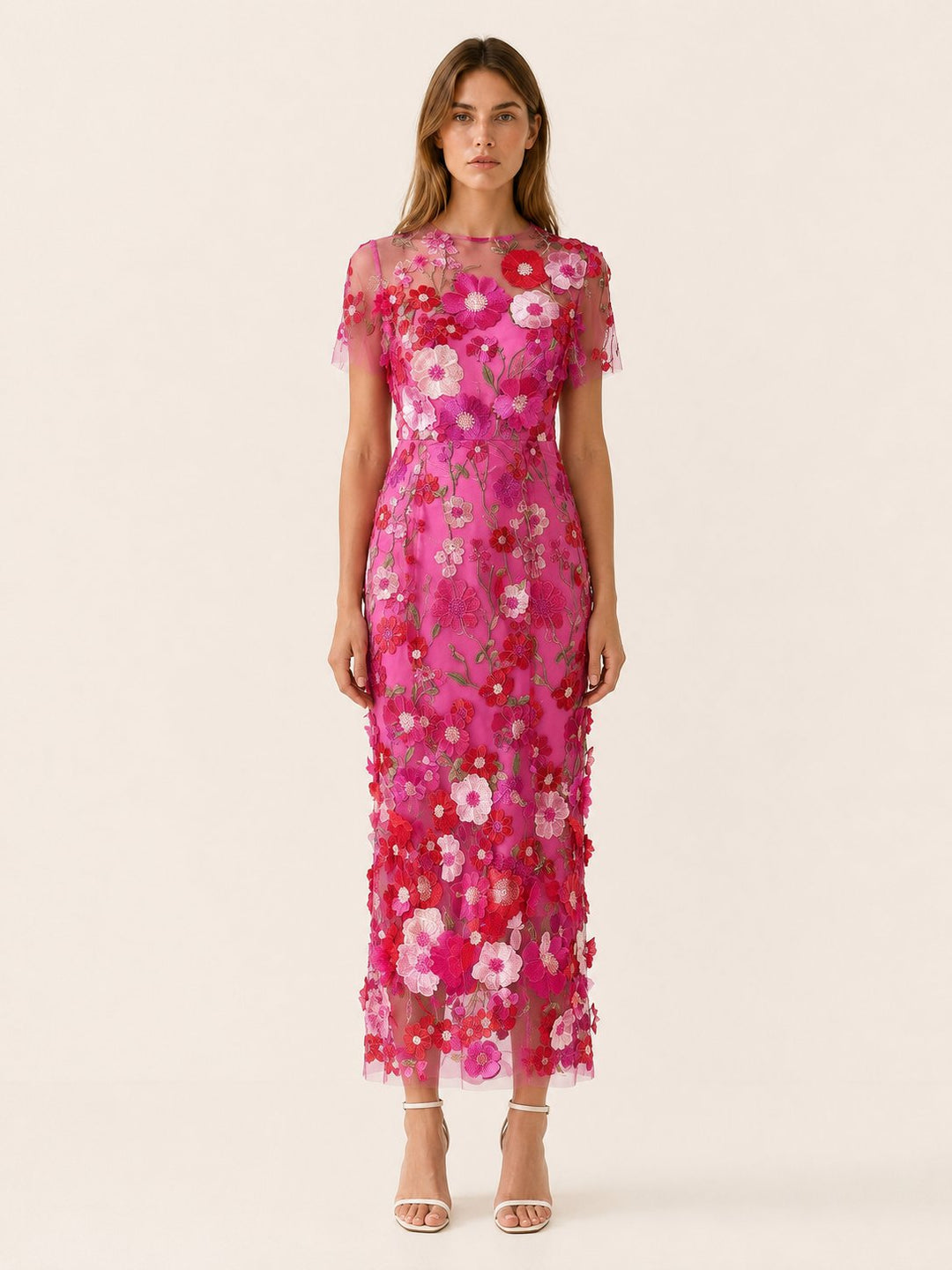 Women's elegant floral midi dress, short sleeve design, a perfect wedding guest or summer occasion dress.