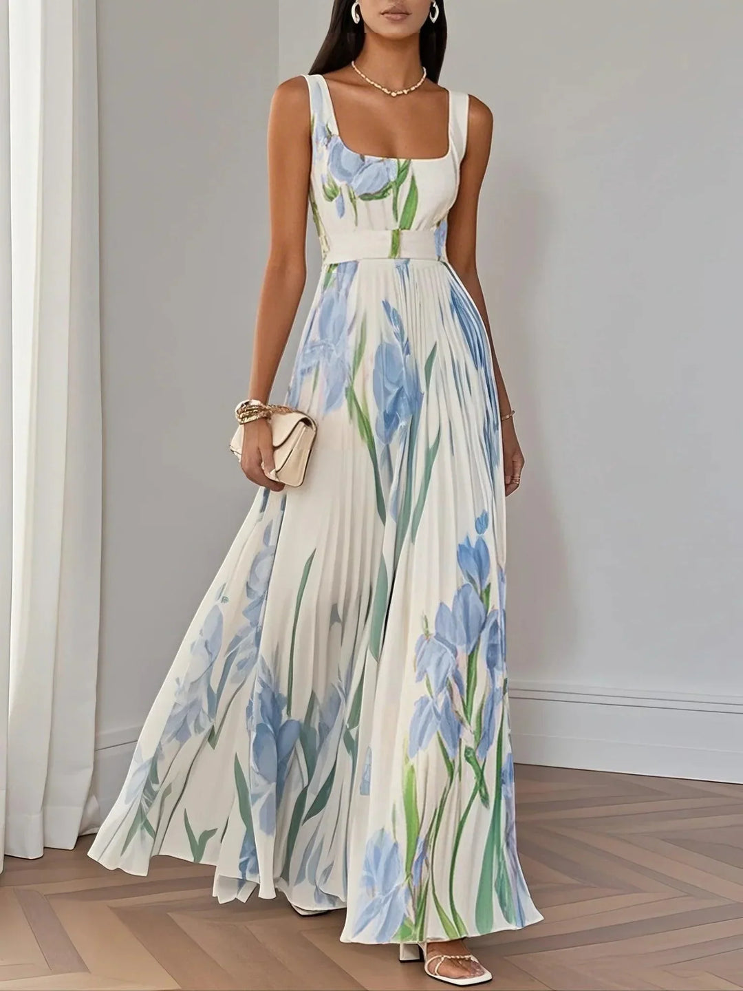 Elegant floral pleated maxi dress, perfect for wedding guests & formal summer parties.