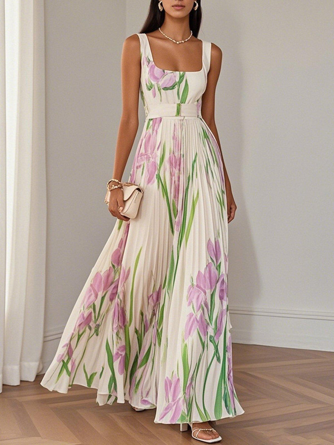 Sleeveless square neck maxi dress with vibrant floral print and elegant pleats for women.