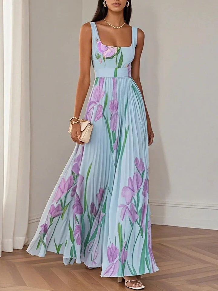 Women's floral pleated square neck sleeveless maxi dress, ideal for evening wear.