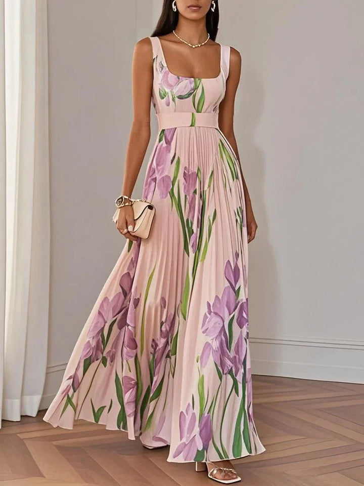 Formal floral maxi dress, pleated design, square neck, perfect for weddings and elegant events.