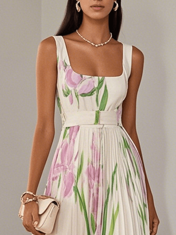 Flowy floral pleated square neck maxi dress, sleeveless, perfect for summer events.