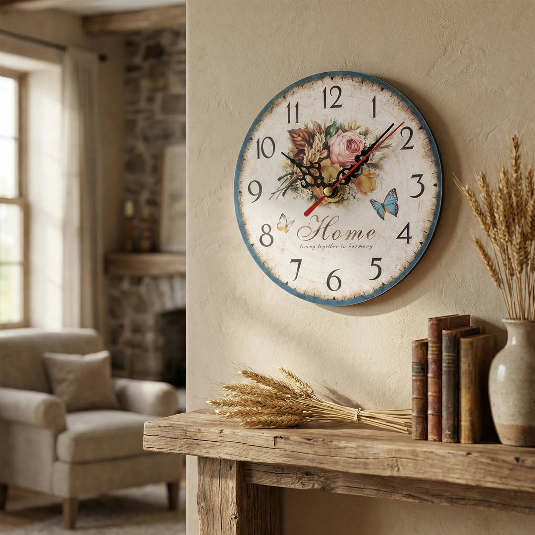 Elegant floral round wall clock with vintage butterfly design. Silent movement for stylish living room decor.