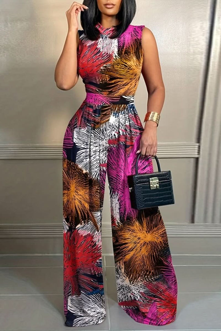 Elegant women's floral sleeveless jumpsuit, a stylish one-piece for parties, brunch, or vacation.