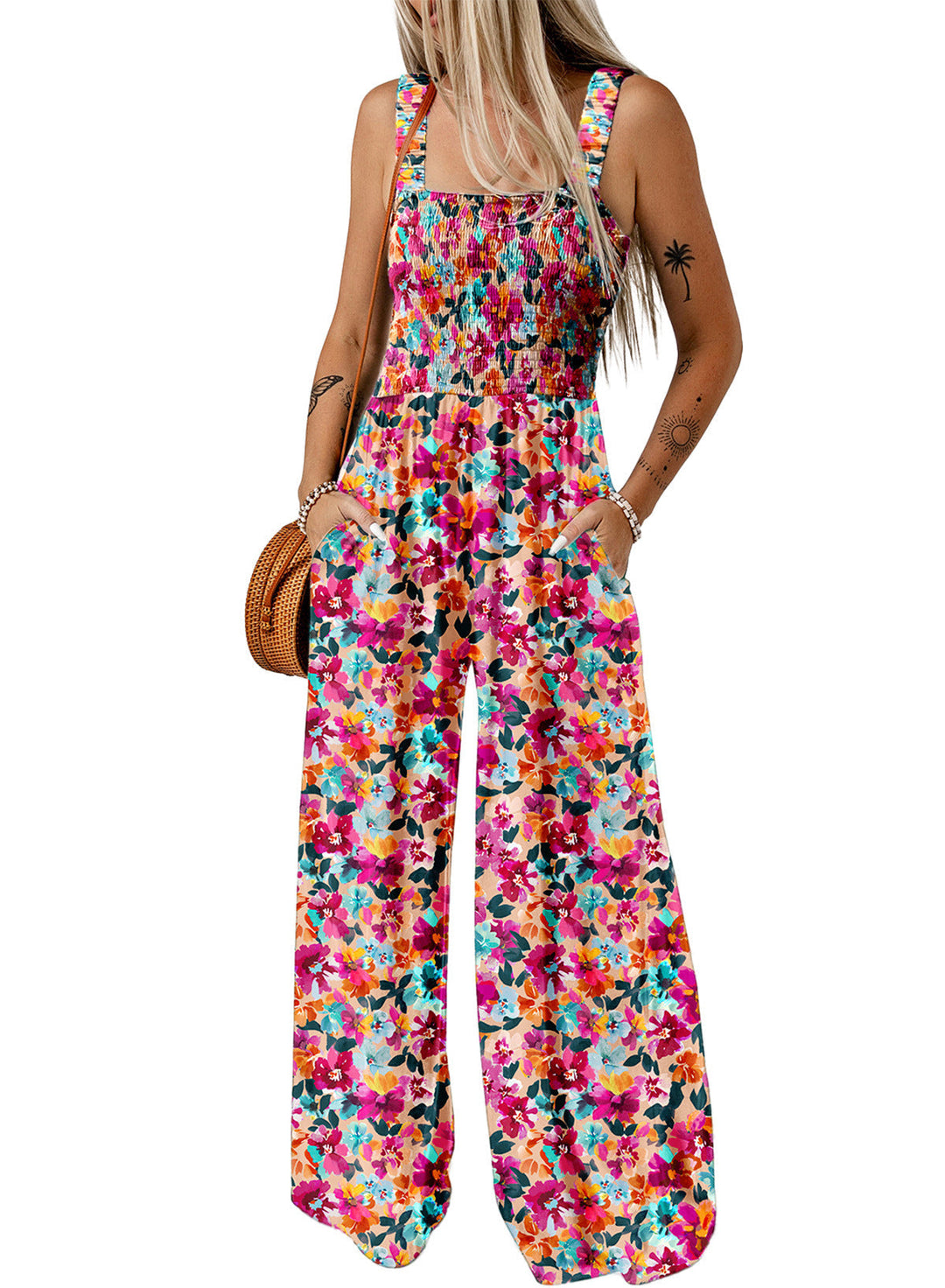 Elegant floral wide-leg jumpsuit for women, perfect for spring casual fashion.