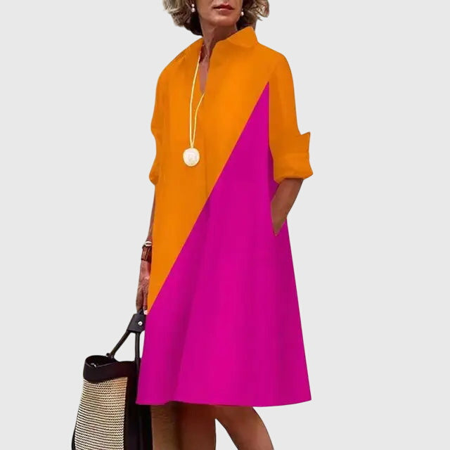 Elegant evening look: Woman in flowy dress with heels. Versatile women's dress with pockets for any event.