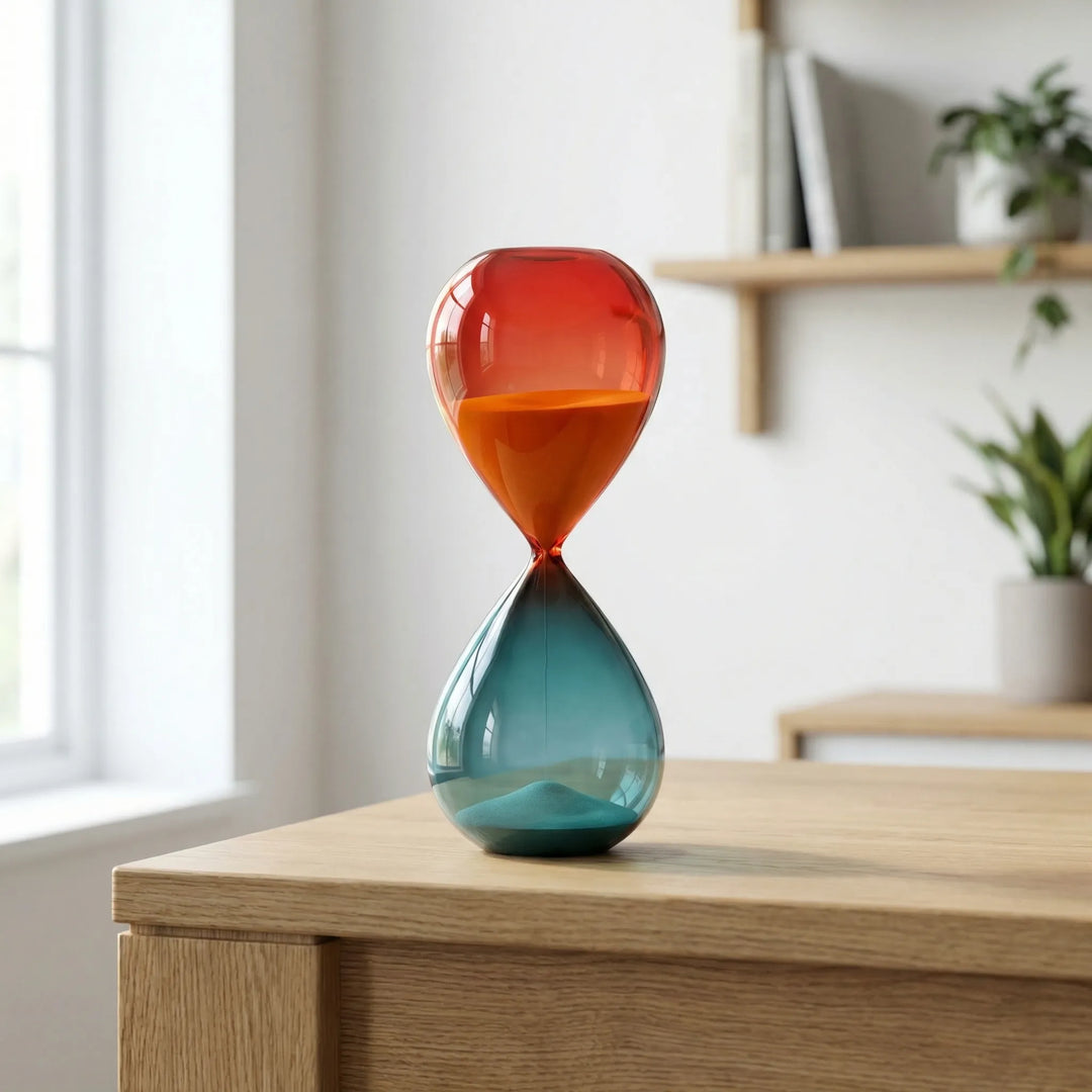 Elegant glass hourglass timer for desk decor. Perfect sand timer for office, home, or meditation. Unique decorative piece.