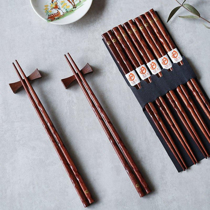 Elegant golden cherry blossom wooden dining chopsticks, 5 pairs, for Japanese style tableware. Perfect hostess gift.