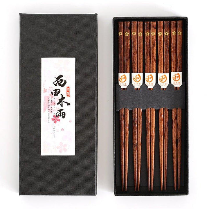 Cherry blossom wooden chopsticks, 5 pairs. Golden floral design for Japanese style dining and elegant kitchenware.
