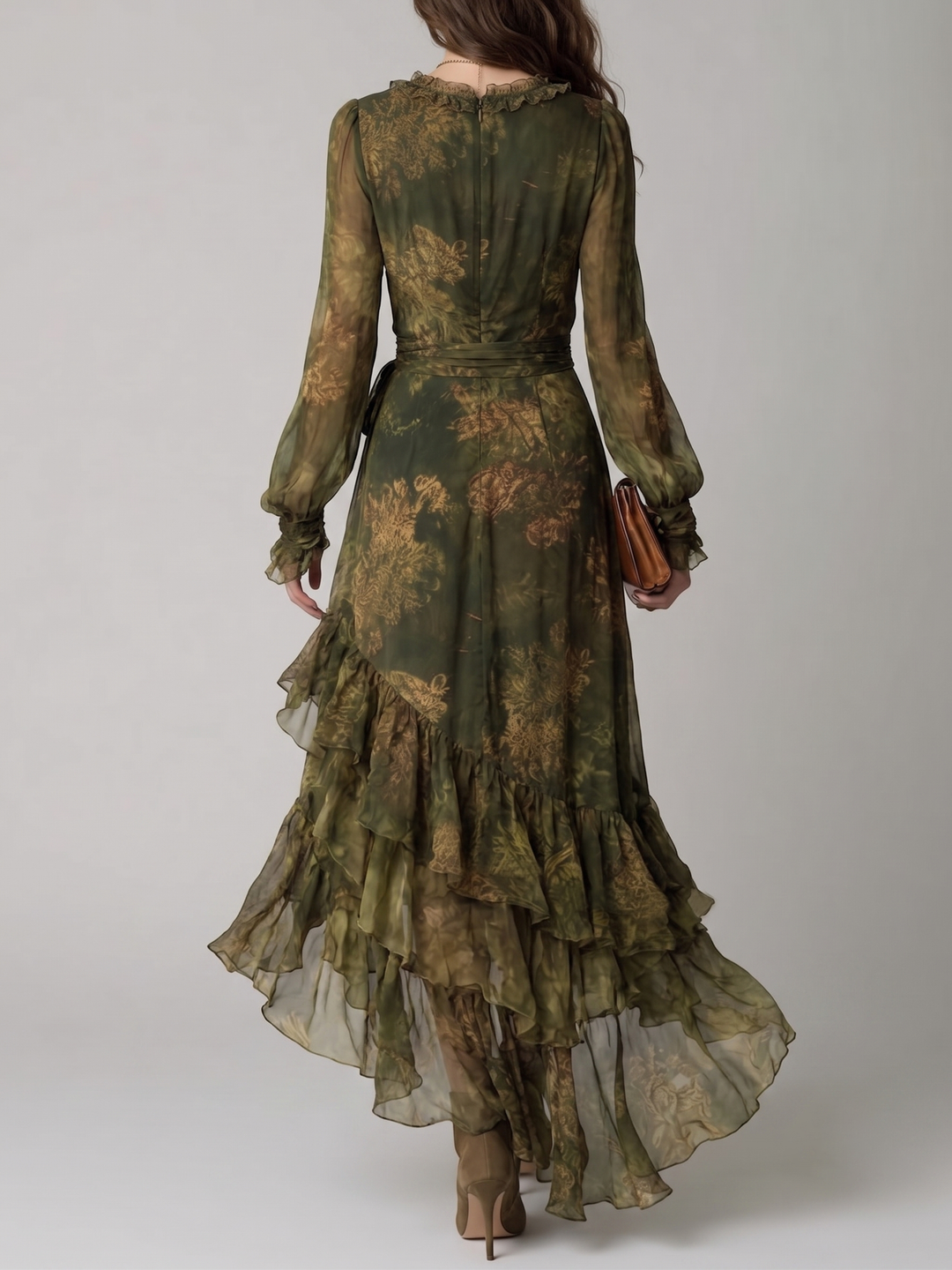 Women's green floral wrap maxi dress with ruffle tiered skirt & V-neck. Ideal elegant long sleeve occasion wear.