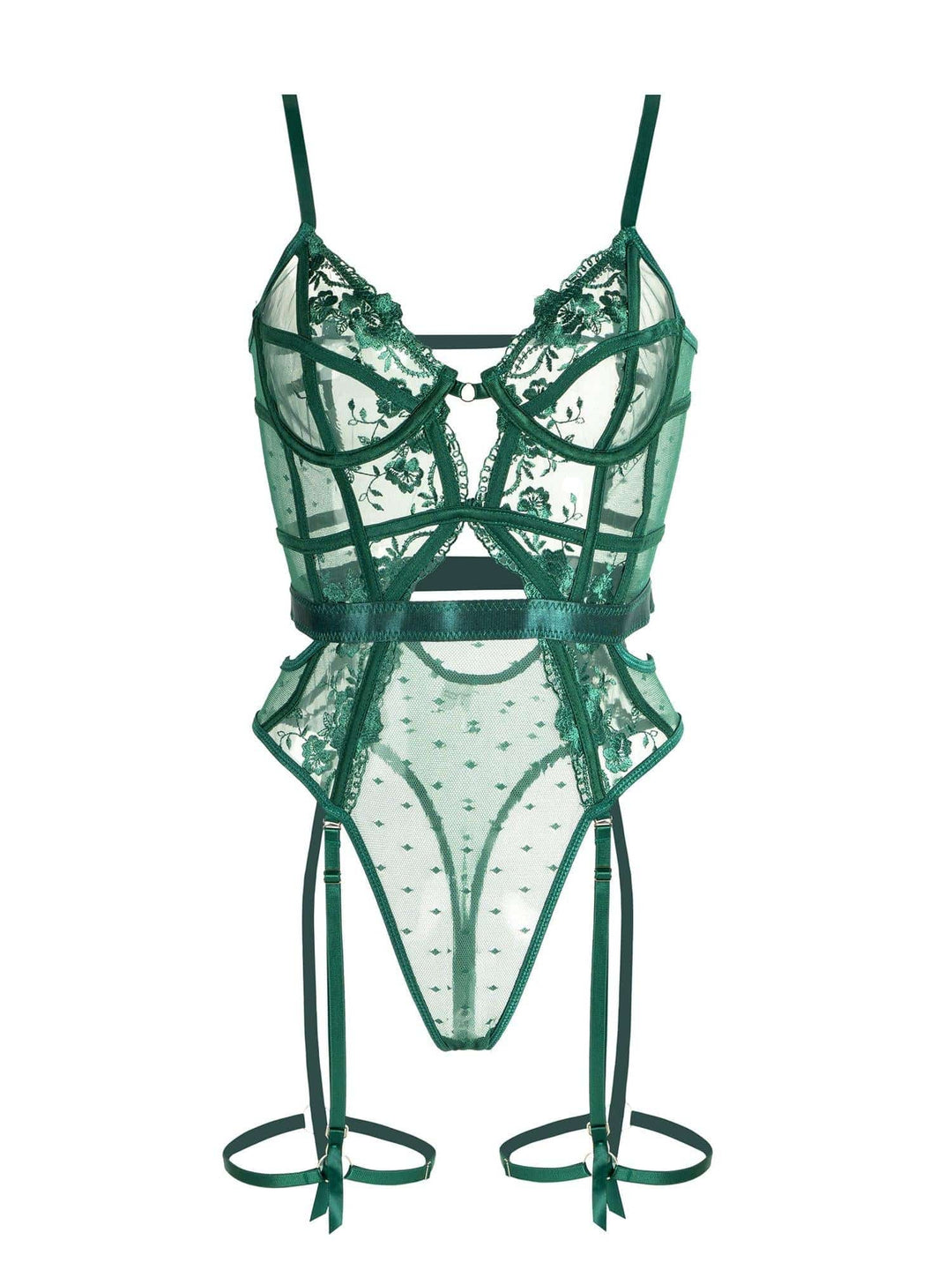 Chic women's green bodysuit with underwire & adjustable straps, offering elegant comfort for everyday wear or layering.