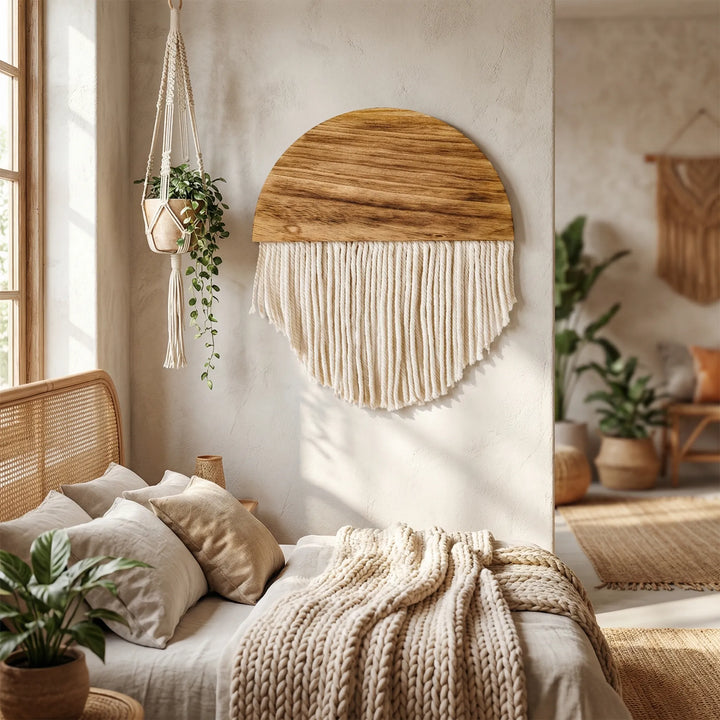 Elegant half circle wall hanging with delicate fringe, perfect for boho minimalist home decor.