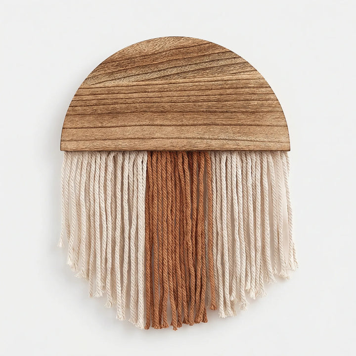 Sophisticated semi-circular wall tapestry with elegant fringe, perfect for contemporary wall art needs.