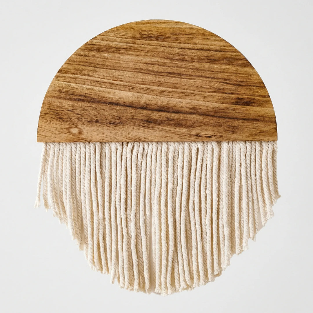 Minimalist semi-circle woven wall hanging, sophisticated design with elegant fringe details for home.