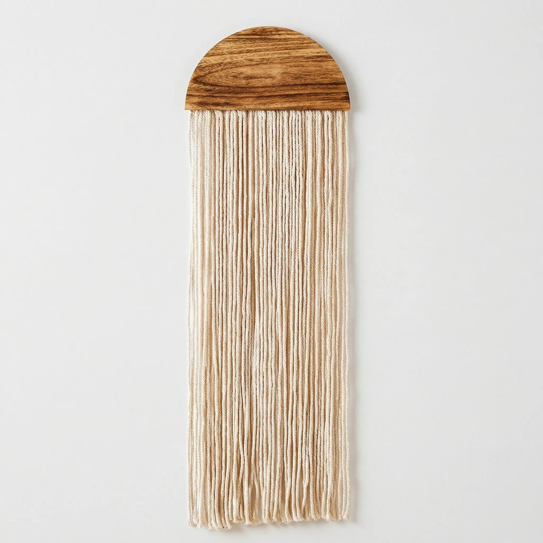 Aesthetic textured half circle wall hanging, featuring subtle wave patterns and lovely fringe.