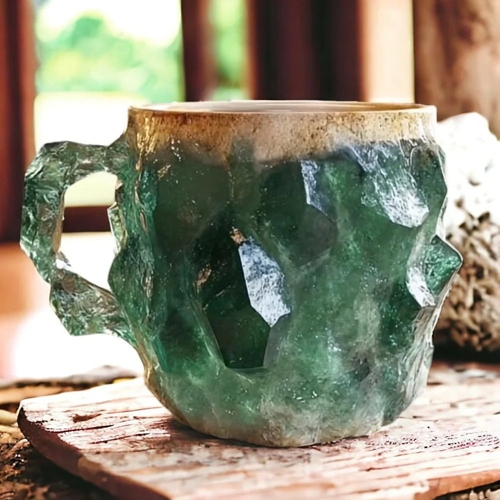 Elegant handcrafted crystal coffee mug, natural stone gemstone design; unique kitchenware gift.