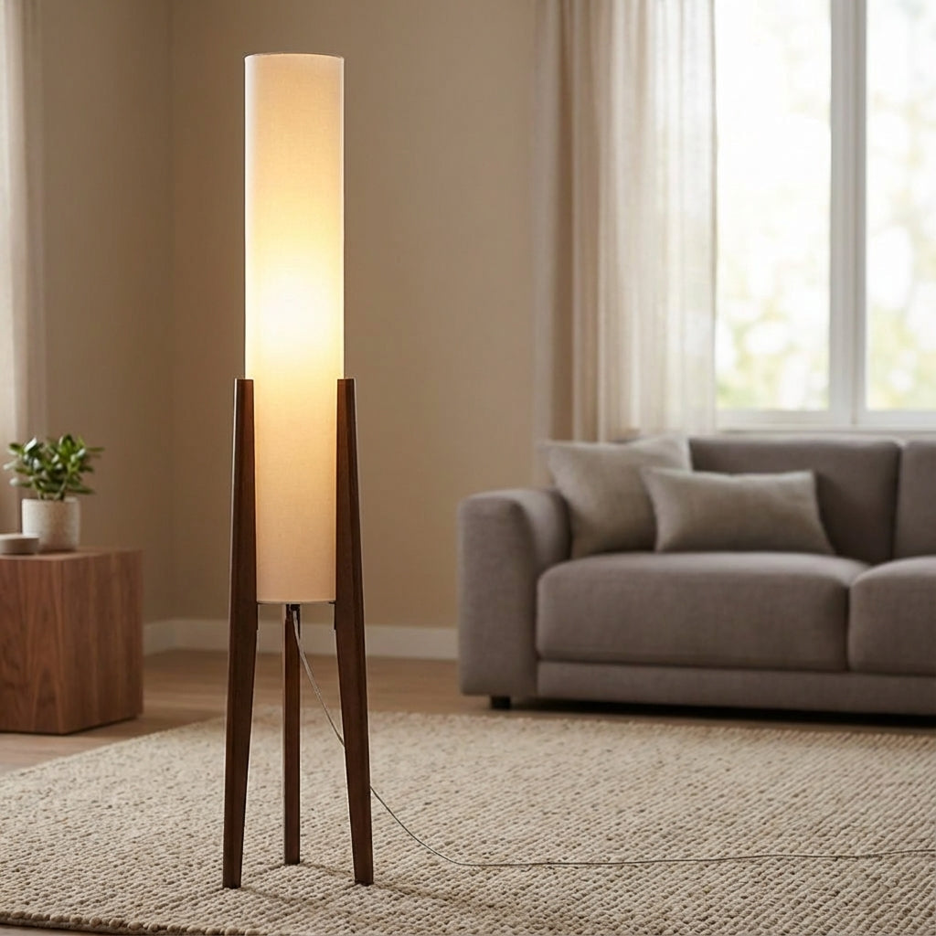 Elegant Havenara floor lamp provides ambient LED light for a modern living room. Walnut wood, Scandinavian design.