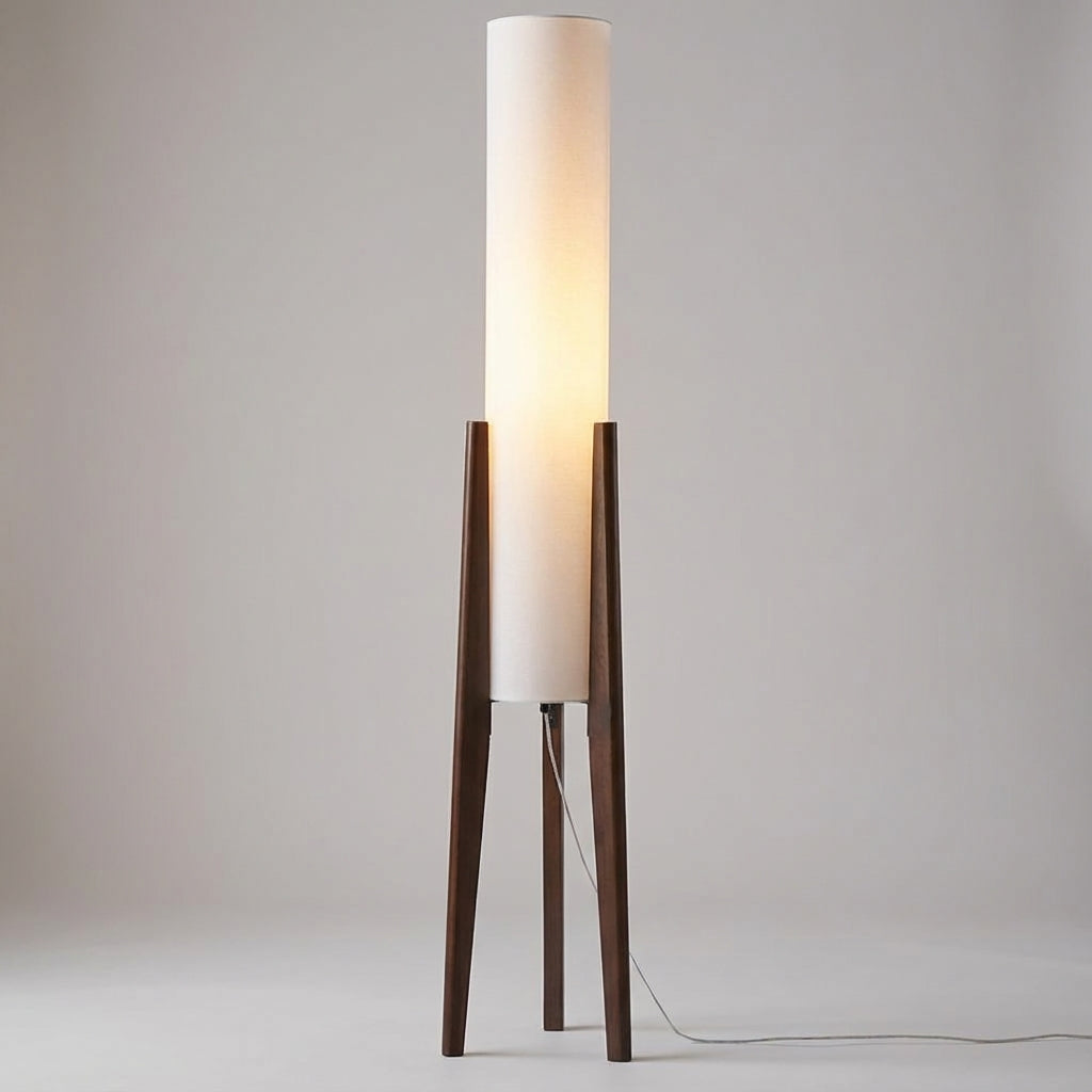 Modern Scandinavian floor lamp. Walnut wood & LED ambient light creates a comfortable living room atmosphere.