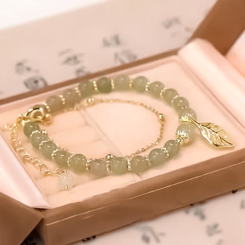 Women's gold leaf bracelet with natural Hetian jade beads, a luxurious and elegant jewelry gift