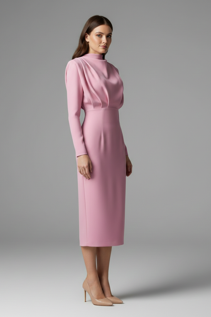 Modest autumn/winter long sleeve dress with high neck & ankle length. Chic women's fashion.