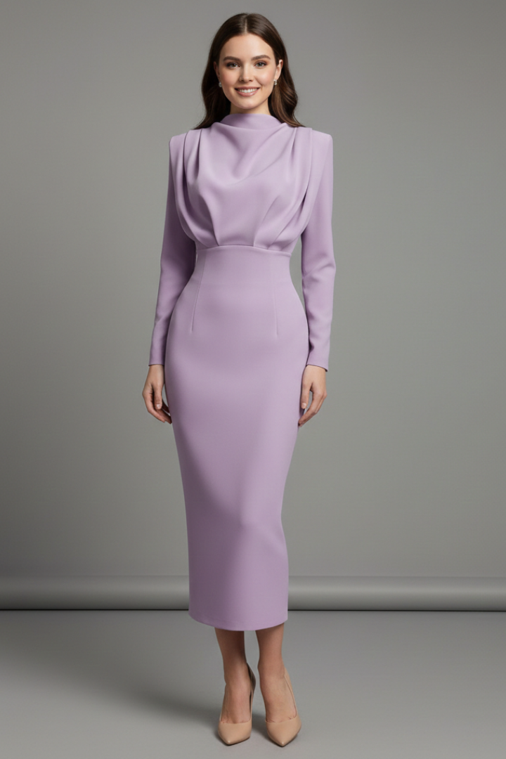 Sophisticated women's modest dress. High-neck, long sleeve, ankle length. Perfect for autumn/winter.